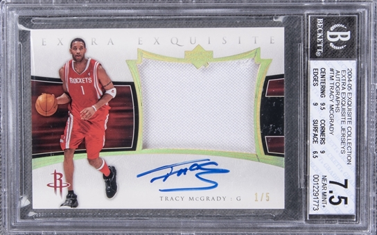 2004-05 UD "Exquisite Collection" Extra Exquisite Jerseys Autographs #TM Tracy McGrady Signed Game Used Patch Card (#1/5) – BGS NM+ 7.5/BGS 9